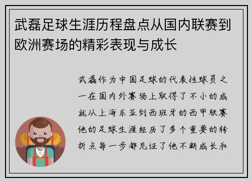 武磊足球生涯历程盘点从国内联赛到欧洲赛场的精彩表现与成长