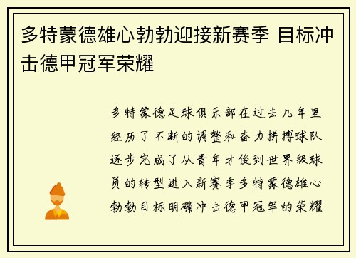 多特蒙德雄心勃勃迎接新赛季 目标冲击德甲冠军荣耀