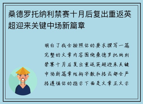 桑德罗托纳利禁赛十月后复出重返英超迎来关键中场新篇章
